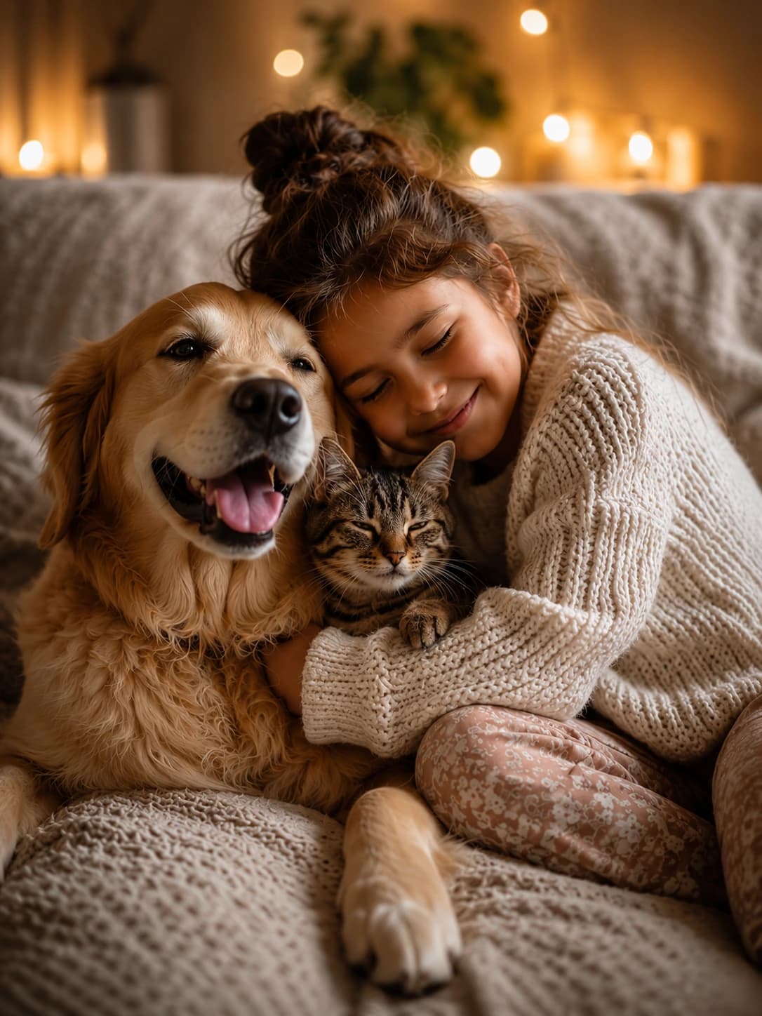 Kind kuschelt mit Golden Retriever und Katze
