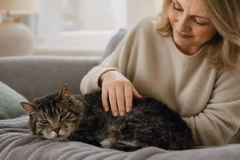 Eine ältere American Wirehair Katze liegt entspannt auf einem Sofa, während ihr Besitzer sie liebevoll streichelt.