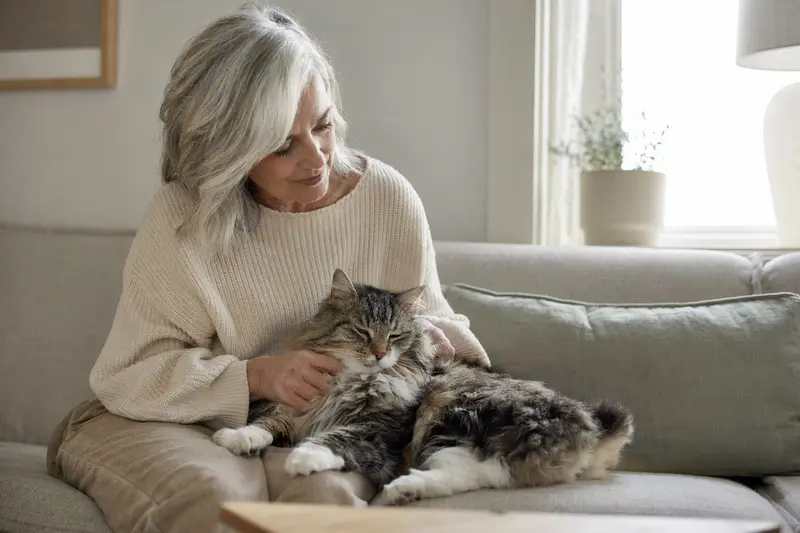 Eine ältere Amerikanische Stummelschwanzkatze wird liebevoll von ihrem Besitzer auf einem gemütlichen Sofa gestreichelt.