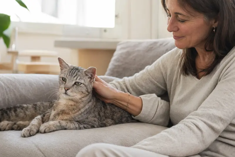 Eine ältere Arabische Mau Katze entspannt auf einem Sofa, während ihr Besitzer sie liebevoll streichelt.
