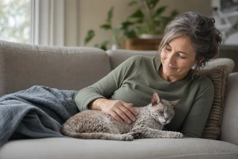 Eine ältere Bohemian Rex Katze liegt entspannt auf einem gemütlichen Sofa, während ihr Besitzer sie liebevoll streichelt.