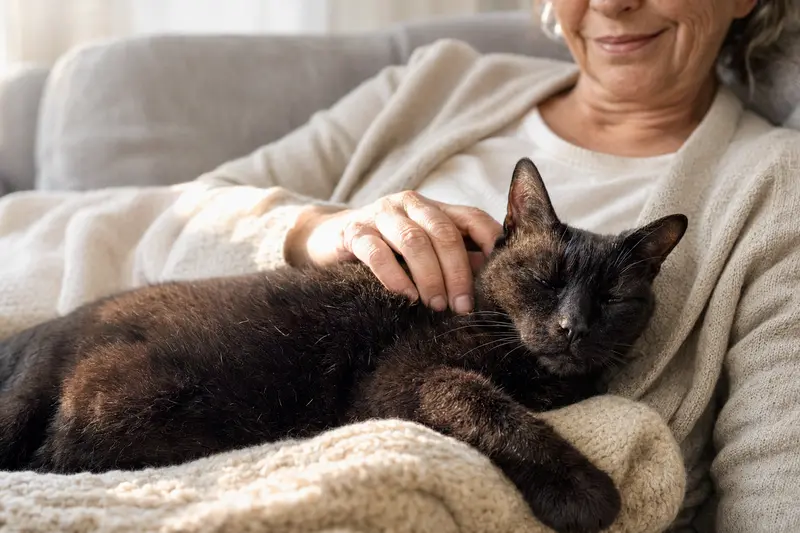 Eine ältere Bombay Katze liegt entspannt auf einem gemütlichen Sofa, während ihr Besitzer sie liebevoll streichelt.