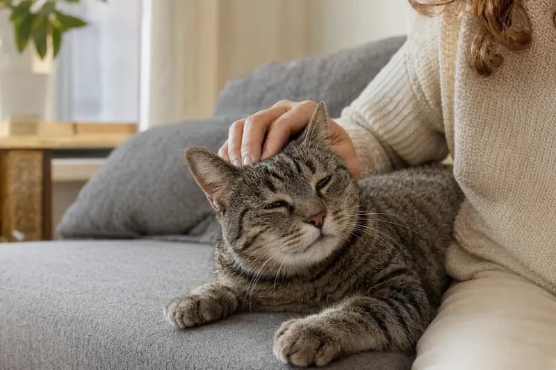 Eine ältere Brasilianisch Kurzhaar Katze liegt entspannt auf einem gemütlichen Sofa, während ihr Besitzer sie liebevoll streichelt.