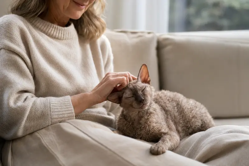 Eine ältere California Rex Katze liegt entspannt auf einem gemütlichen Sofa, während ihr Besitzer sie liebevoll streichelt.