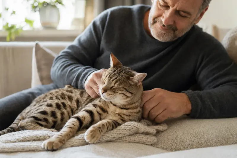 Eine ältere California Spangled Katze liegt entspannt auf einem gemütlichen Sofa, während ihr Besitzer sie liebevoll streichelt.