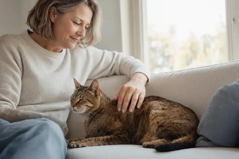 Eine ältere Coupari Katze genießt die Streicheleinheiten ihres Besitzers auf einem gemütlichen Sofa in einer warmen und einladenden Wohnatmosphäre.