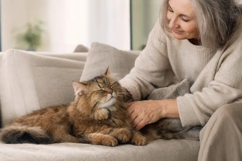 Eine ältere Cymric Katze liegt entspannt auf einem gemütlichen Sofa, während ihr Besitzer sie liebevoll streichelt.