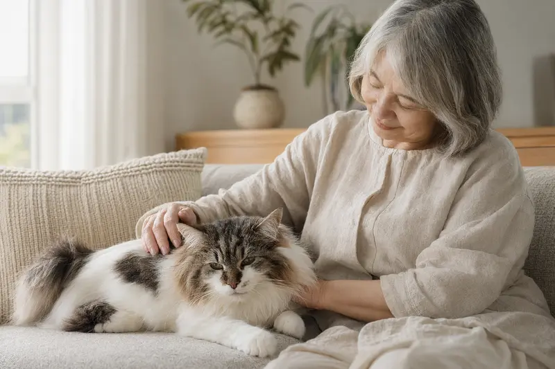 Eine entspannte Japanische Bobtail Langhaar Katze liegt auf einem Sofa, während der Besitzer sie liebevoll streichelt und ein warmes Licht die Szene erhellt.