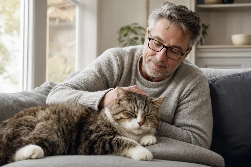 Eine ältere Karelische Stummelschwanzkatze entspannt auf einem Sofa, während ihr Besitzer liebevoll streichelt.