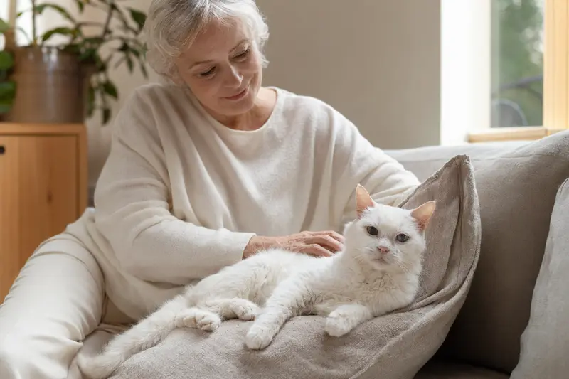 Eine ältere Khao Manee Katze liegt entspannt auf einem gemütlichen Sofa, während ihr Besitzer sie liebevoll streichelt.
