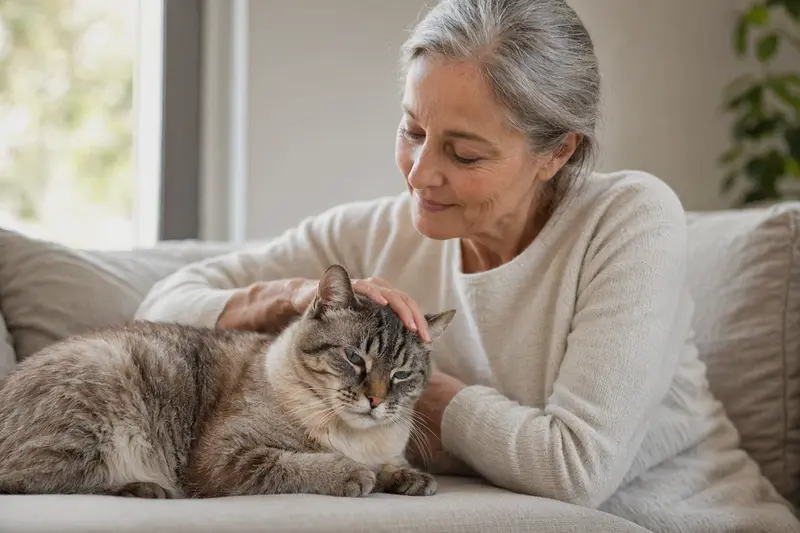 Eine ältere Kyi-Leo Katze genießt die Streicheleinheiten ihres Besitzers auf einem gemütlichen Sofa.
