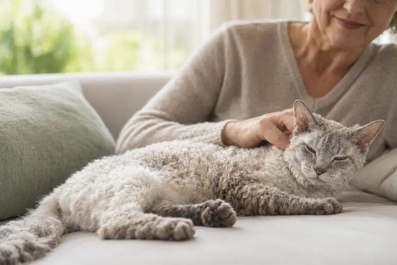 Eine ältere LaPerm Kurzhaar Katze liegt entspannt auf einem Sofa, während ihr Besitzer sie liebevoll streichelt.
