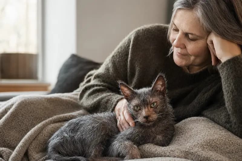 Eine ältere Lykoi Katze entspannt auf einem gemütlichen Sofa, während ihr Besitzer ihn liebevoll streichelt.