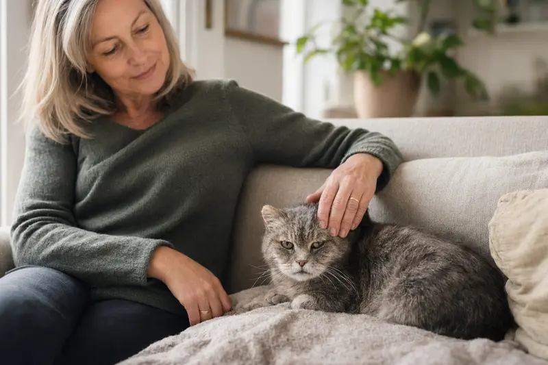 Eine ältere Manx Katze entspannt auf dem Sofa, während ihr Besitzer sie liebevoll streichelt.