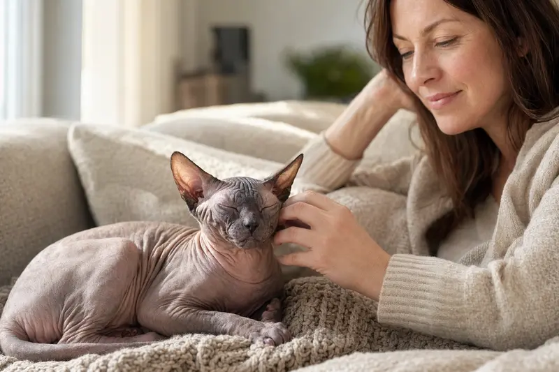 Eine ältere Minskin Katze liegt entspannt auf einem gemütlichen Sofa, während ihr Besitzer sie liebevoll streichelt.