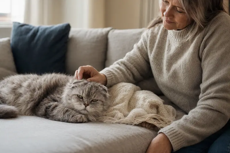 Eine ältere schottische Faltohr Halblanghaar Katze liegt entspannt auf dem Sofa, während ihr Besitzer sie liebevoll streichelt.