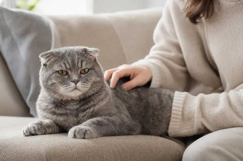 Eine ältere Schottische Faltohr Kurzhaar Katze entspannt auf einem Sofa, während ihr Besitzer sie liebevoll streichelt.