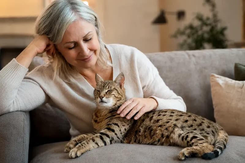 Eine ältere Serengeti Katze liegt entspannt auf einem gemütlichen Sofa, während ihr Besitzer sie liebevoll streichelt.