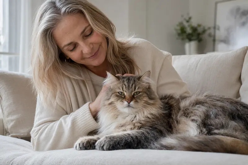 Eine ältere Sibirische Katze liegt entspannt auf einem gemütlichen Sofa, während ihr Besitzer sie streichelt und eine warme Lichtstimmung schafft.