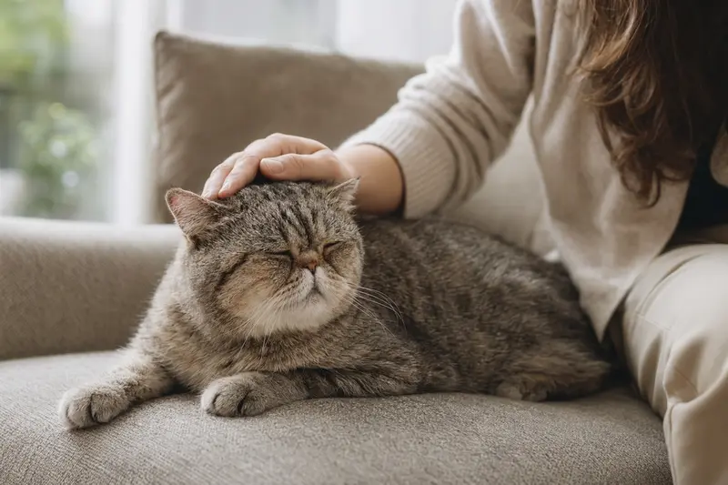 Eine ältere Skookum Katze entspannt auf einem Sofa, während ihr Besitzer sie liebevoll streichelt.