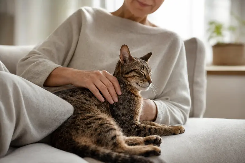 Eine ältere Sokoke Katze liegt entspannt auf einem gemütlichen Sofa, während ihr Besitzer sie liebevoll streichelt.