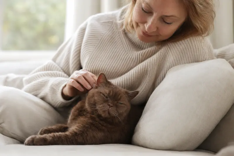 Eine ältere York Chocolate Katze liegt entspannt auf einem gemütlichen Sofa, während ihr Besitzer sie liebevoll streichelt.