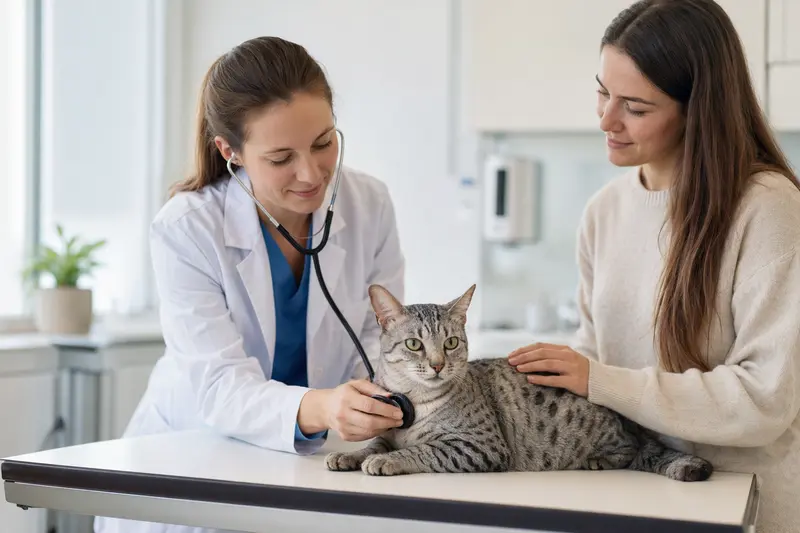 Eine ruhige Ägyptische Mau Katze wird von einer freundlichen Tierärztin in einer modernen Tierarztpraxis untersucht.