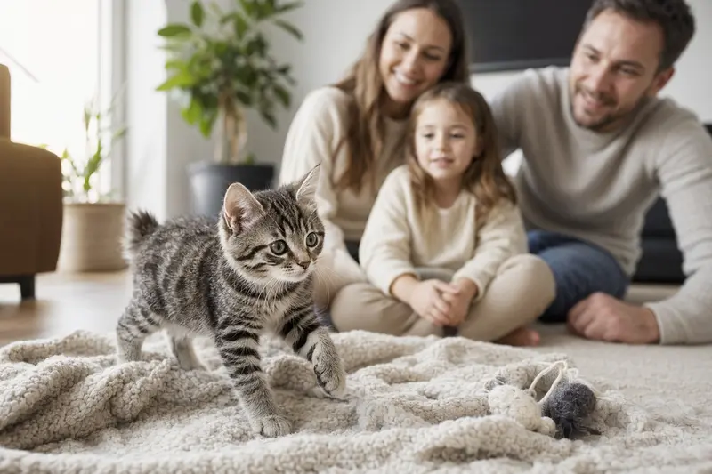 Ein neugieriges American Bobtail Kitten erkundet sein neues Zuhause mit einer weichen Decke und Spielzeug im Hintergrund.