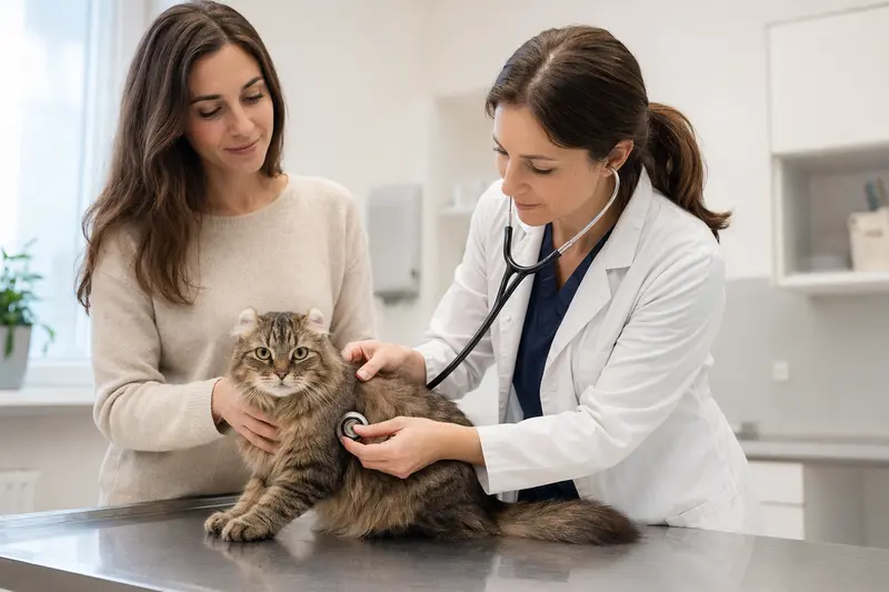 Eine ruhige American Curl Katze wird behutsam von einer Tierärztin mit Stethoskop in einer modernen Praxis untersucht, während der Besitzer beruhigend danebensteht.