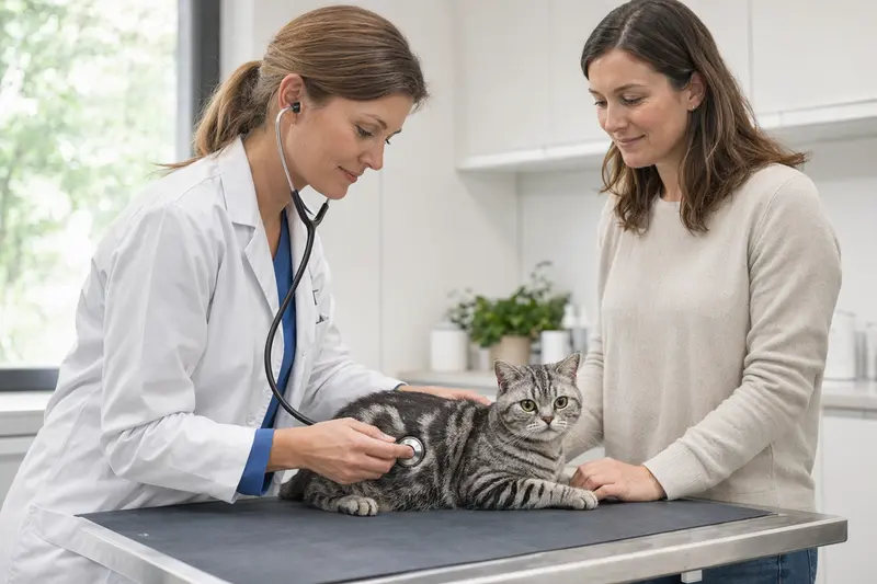 Eine ruhige American Wirehair Katze wird behutsam von einer freundlichen Tierärztin mit einem Stethoskop untersucht, während der Besitzer beruhigend danebensteht.