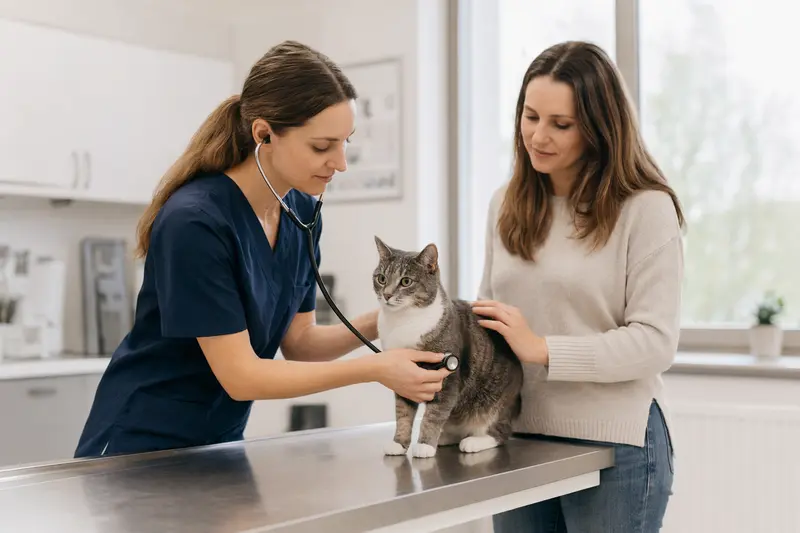 Eine ruhige Amerikanische Stummelschwanzkatze auf einem Untersuchungstisch in einer modernen Tierarztpraxis, während die Tierärztin sie behutsam mit einem Stethoskop untersucht.