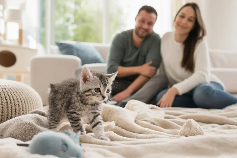 Ein neugieriges amerikanisches Stummelschwanzkatzen-Kitten erkundet sein neues Zuhause auf einer weichen Decke mit Spielzeug und einer liebevollen Familie im Hintergrund.