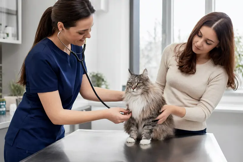 Eine ruhige Amerikanische Stummelschwanzkatze wird von einer freundlichen Tierärztin untersucht, während der Besitzer beruhigend danebensteht.