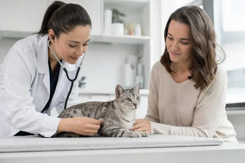 Eine ruhige Arabische Mau Katze wird von einer freundlichen Tierärztin mit einem Stethoskop in einer modernen Tierarztpraxis untersucht.