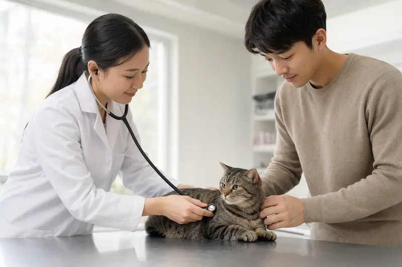 Beruhigende Untersuchung einer ruhigen Asian Katze durch eine einfühlsame Tierärztin in einer modernen Praxis.