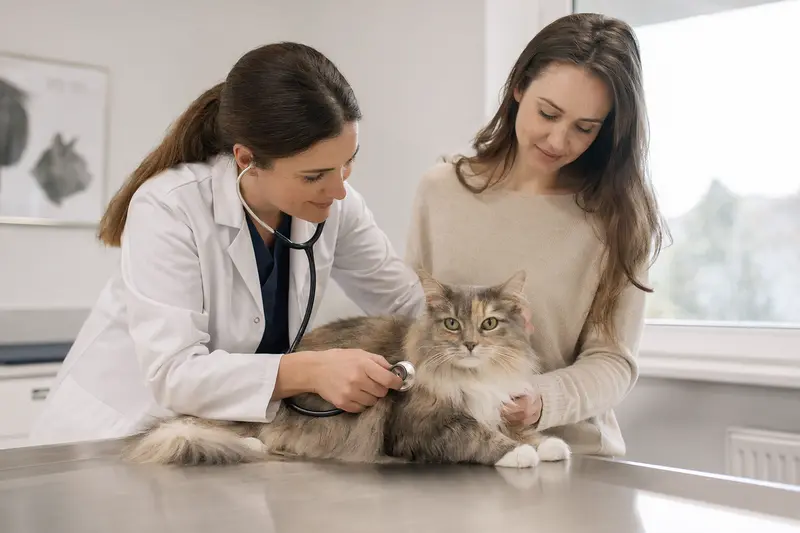 Eine ruhige Australische Schleierkatze auf einem Untersuchungstisch wird behutsam von einer Tierärztin mit einem Stethoskop untersucht, während der Besitzer beruhigend daneben steht.
