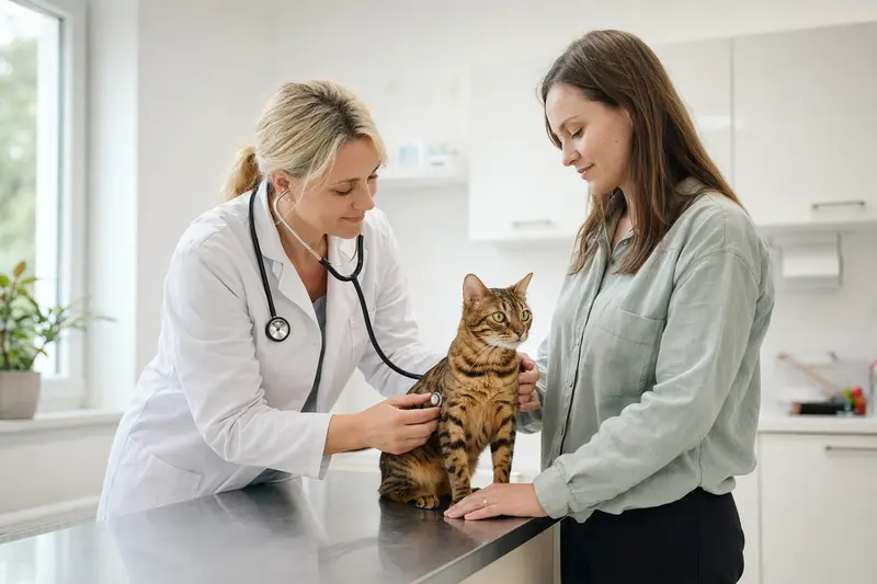 Eine ruhige Bengal Katze wird von einer freundlichen Tierärztin mit einem Stethoskop in einer modernen Tierarztpraxis untersucht.
