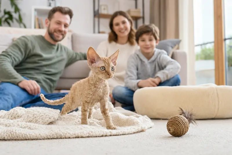 Ein Bohemian Rex Kitten erkundet neugierig seine neue Wohnung mit Spielzeug und einer weichen Decke.