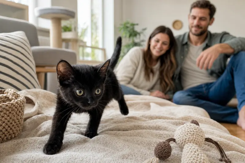 Ein neugieriges Bombay Kitten entdeckt seine neue, liebevoll gestaltete Wohnung mit weicher Decke und Spielzeug.