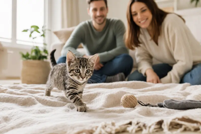 Ein neugieriges Brasilianisch Kurzhaar Katzen Kitten erkundet sein neues Zuhause auf einer weichen Decke.
