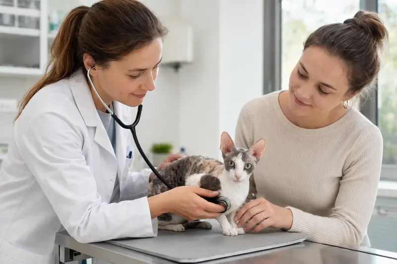 Eine California Rex Katze wird sanft von einer Tierärztin mit einem Stethoskop auf einem Untersuchungstisch in einer modernen Tierarztpraxis untersucht.