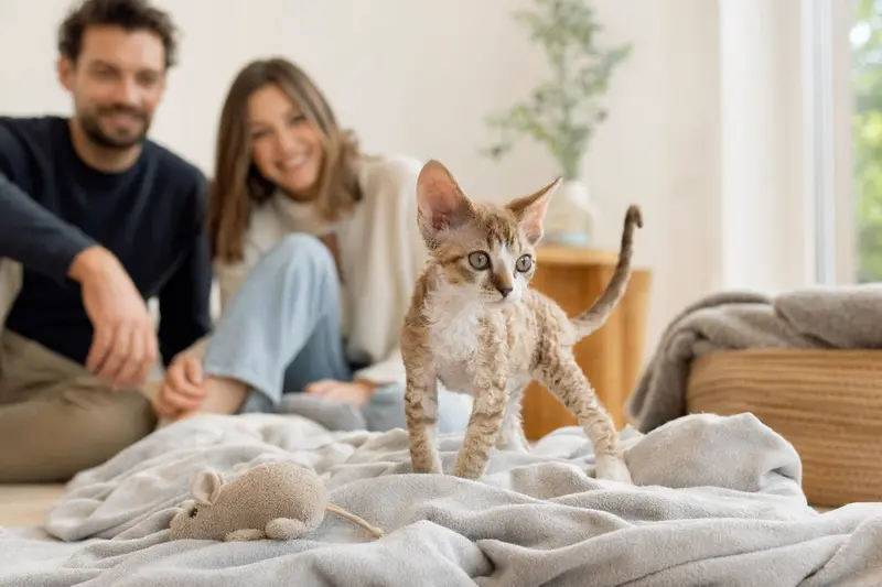 Ein neugieriges California Rex Katzen Kitten erkundet sein neues Zuhause mit einer weichen Decke und Spielzeug, während die liebevolle Familie im Hintergrund wartet.
