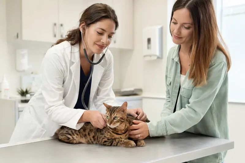 Eine ruhige California Spangled Katze wird von einer freundlichen Tierärztin bei einem Tierarztbesuch mit einem Stethoskop untersucht.