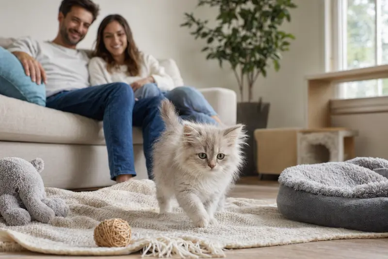 Ein neugieriges Chantilly Katzen Kitten erkundet seine neue, sichere Umgebung mit einer weichen Decke und Spielzeug in einer freundlichen Wohnung.