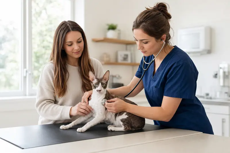 Eine ruhige Cornish Rex Katze wird behutsam von einer Tierärztin auf einem Untersuchungstisch in einer modernen Praxis untersucht.