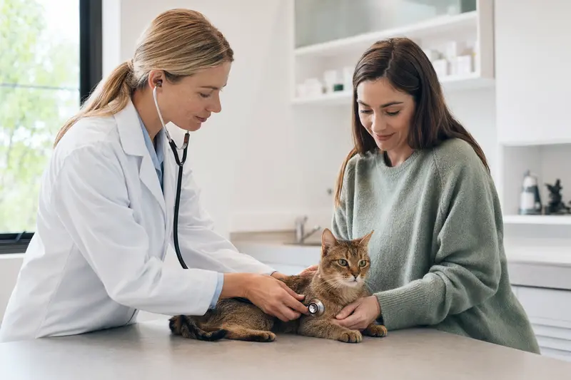 Eine ruhige Coupari Katze wird von einer freundlichen Tierärztin in einer modernen Praxis sorgfältig untersucht.