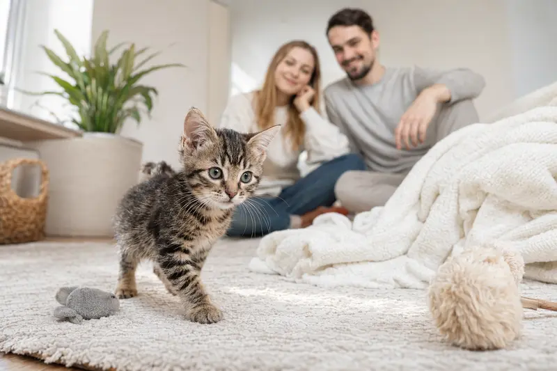 Ein neugieriges Coupari Kätzchen erkundet sein neues Zuhause mit liebevoller Familie im Hintergrund.