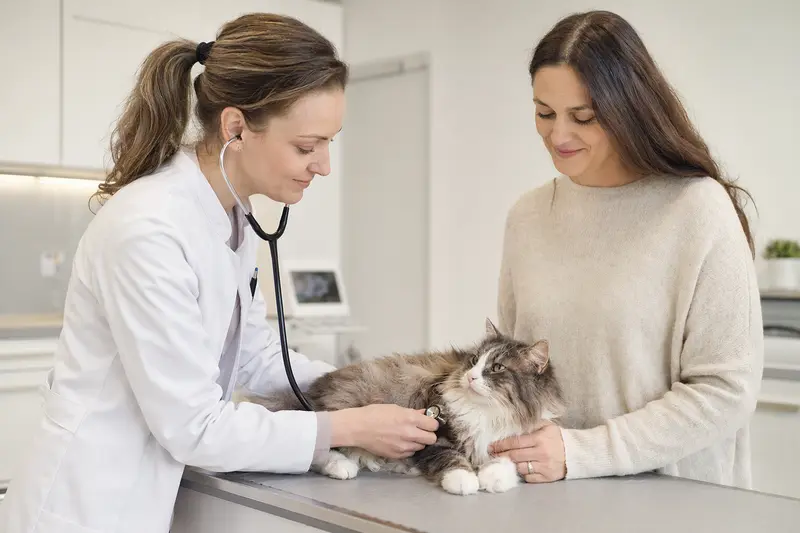 Eine ruhige Cymric Katze auf dem Untersuchungstisch, während eine freundliche Tierärztin mit Stethoskop eine Untersuchung durchführt.