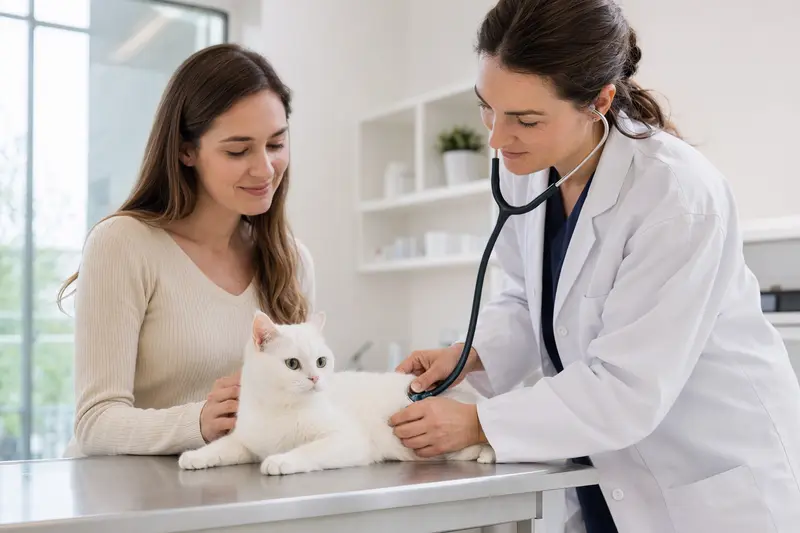 Eine ruhige Foreign White Katze wird von einer freundlichen Tierärztin in einer modernen Praxis mit einem Stethoskop untersucht.