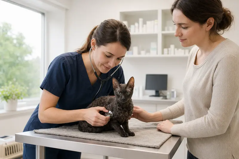 Eine ruhige German Rex Katze wird behutsam von einer freundlichen Tierärztin mit einem Stethoskop untersucht, während der Besitzer beruhigend daneben steht.